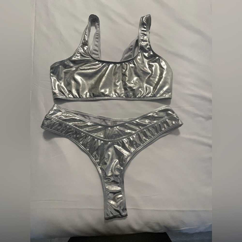 Cute and sexy New! Two piece metallic silver, stretchy, summer beach vibes